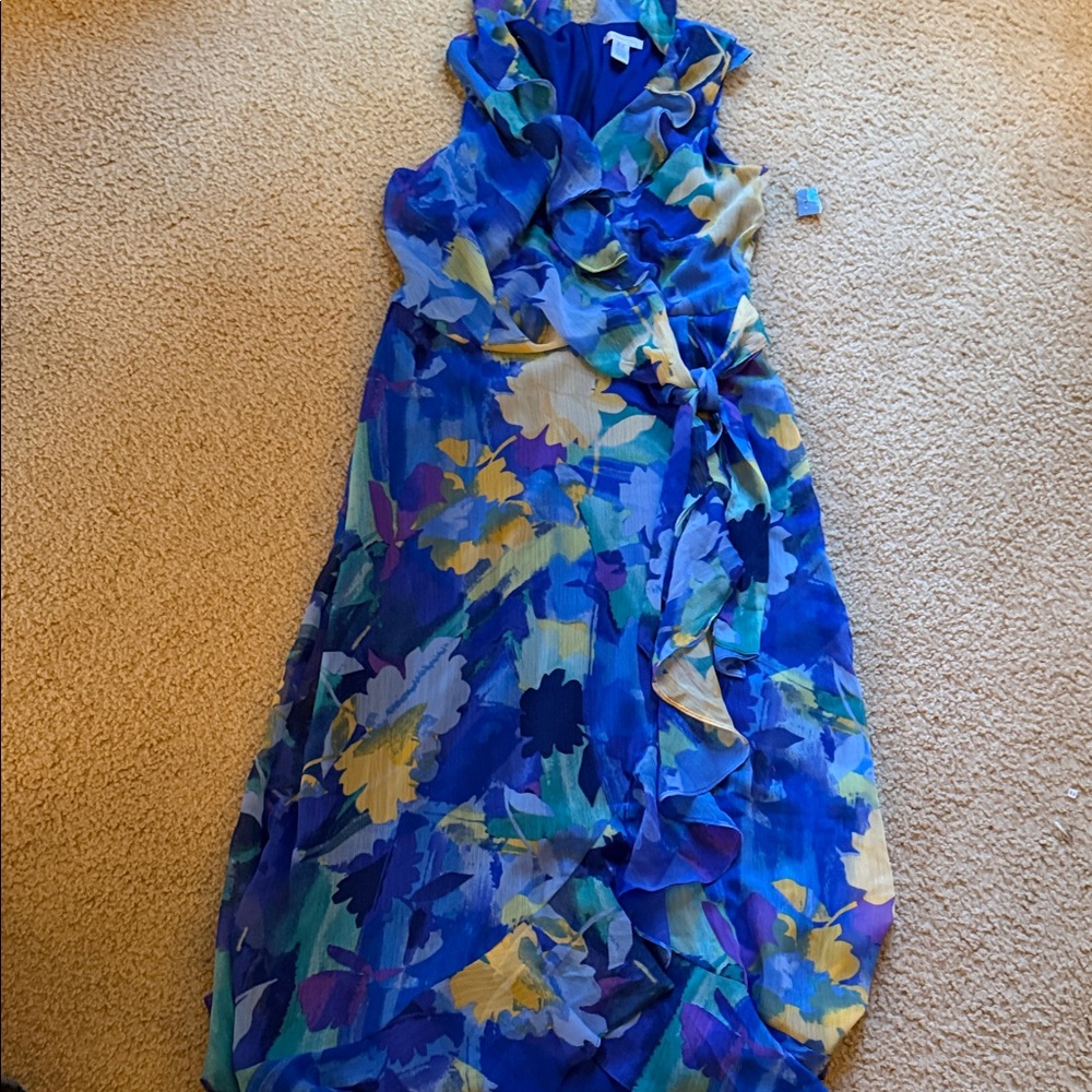 Blue Floral Ruffled Wrap Dress Size 8
